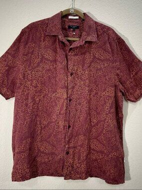Ted Baker Men 5 US L Chaplin Coral Print 100% Linen Short Sleeve Button-Up Shirt